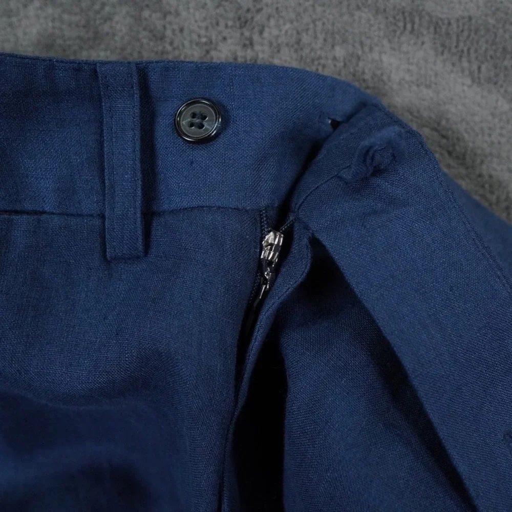 Barthelemy Men's 100% Linen Side Adjuster Pants Blue Size 36 Luxury Resort